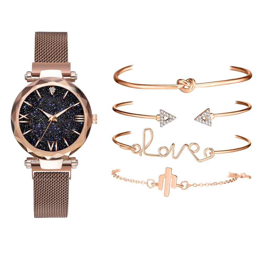 5pc/ sæt dameure armbåndssæt stjernehimmel damearmbåndsur casual læder quartz armbåndsur relogio feminino: Kaffe