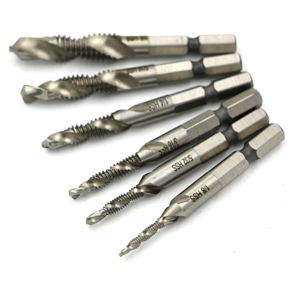 6pcs Speed Steel Screw Tap Drill Bits Hss Taps Countersink Deburr Set Metric Combination Bit High l 1/4 IN Quick Change Hex Die