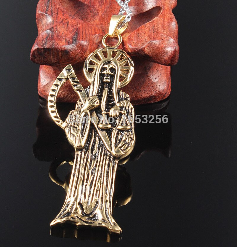 Fate Love Best Holy Saint Death Santa Muerte Skull Biker Pendant Necklace Stainless Steel Jewelry