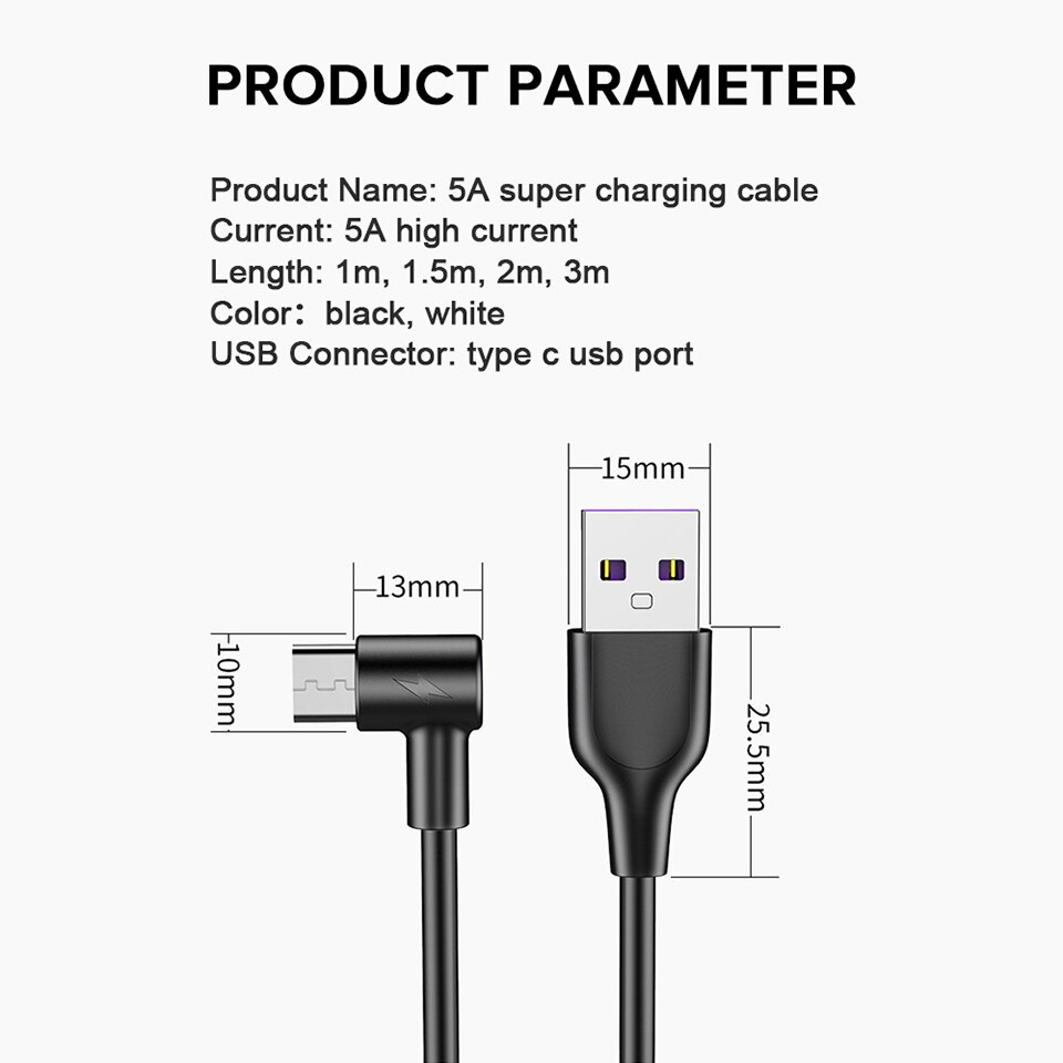 90 graden 5A Kabel Super Charge Usb C Opladen Cord Telefoon Oplader Kabel Usb Tipe C voor Xiaomi Redmi Note 7 s 7 Pro K20 Pro Mi9 SE