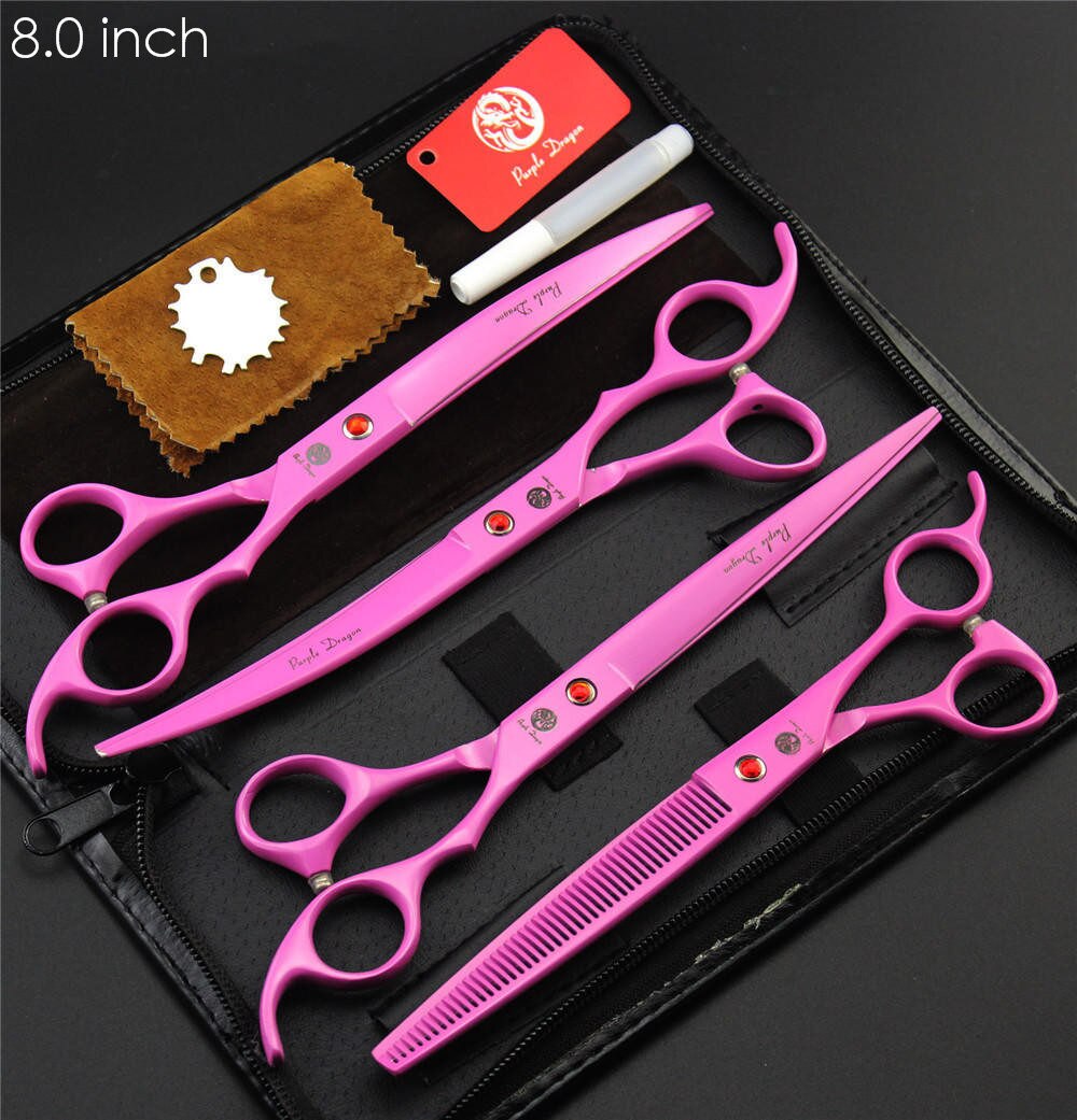 4pcs/set Pet Grooming Scissors Set 7 inch 8 inch Straight+ Curved +Thinning Shears Sharp Edge Hair Cutting Scissors: 8 inch Pink