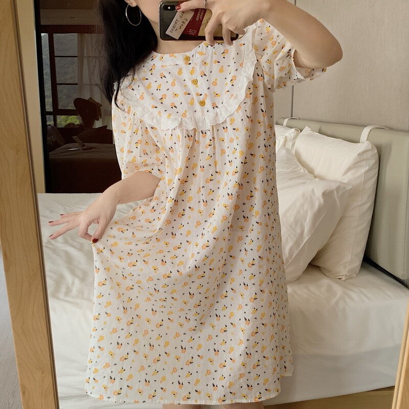 Zoete Leuke Over-De-Knie Vrouwen Nachtjapon Korte Mouwen Katoen Homewear Bloemen Gedrukt Nachthemd Slapen Jurk: Mint
