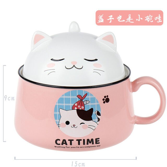 Cartoon Cat Bowl Ceramic Bowl Large Capacity Soup Bowl Kitchen Tableware Salad Bowl Ramen Noodle Bowl With Lid Spoon Fruit Bowl: Pink 1020ml
