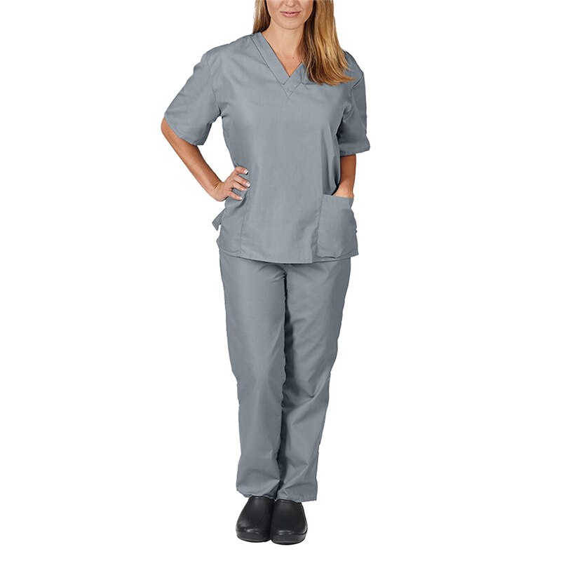 Vrouwen Mannen Werkkleding Korte Mouwen V-hals Tops + Broek Verpleging Werken Uniform Pak Scrub Uniform Overalls Kleding: gray / XXL