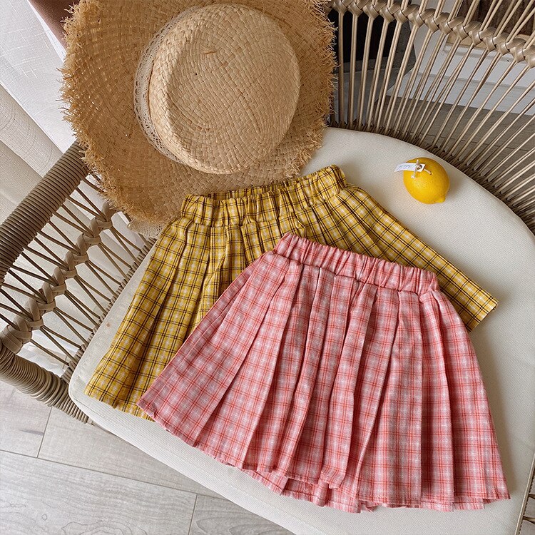 Summer cute girls plaid pleated skirts kids cotton 2 colors skirt