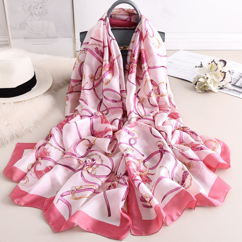 silk scarves women Popular chain print silk scarf muffler lady flower scarves luxury shawl beach wraps hijab