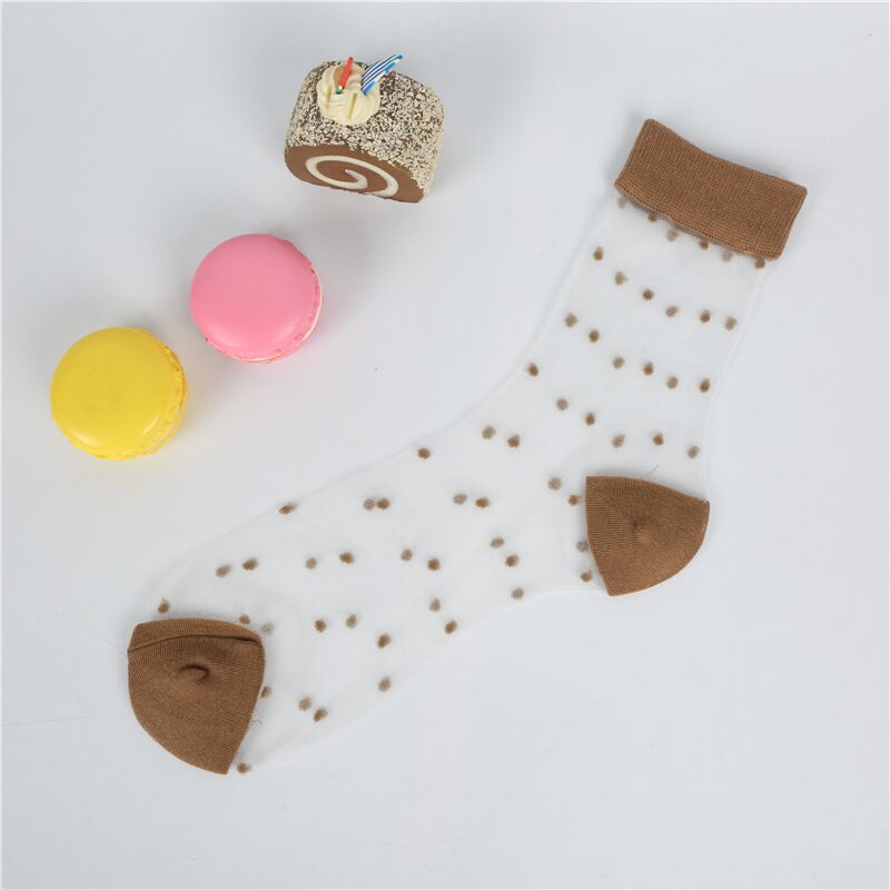 [EIOISAPRA]Spring Summer Transparent Casual Heap Heap Socks Women Japanese Vintage Glass Silk Dot Thin Colorful Short Socks: Khaki