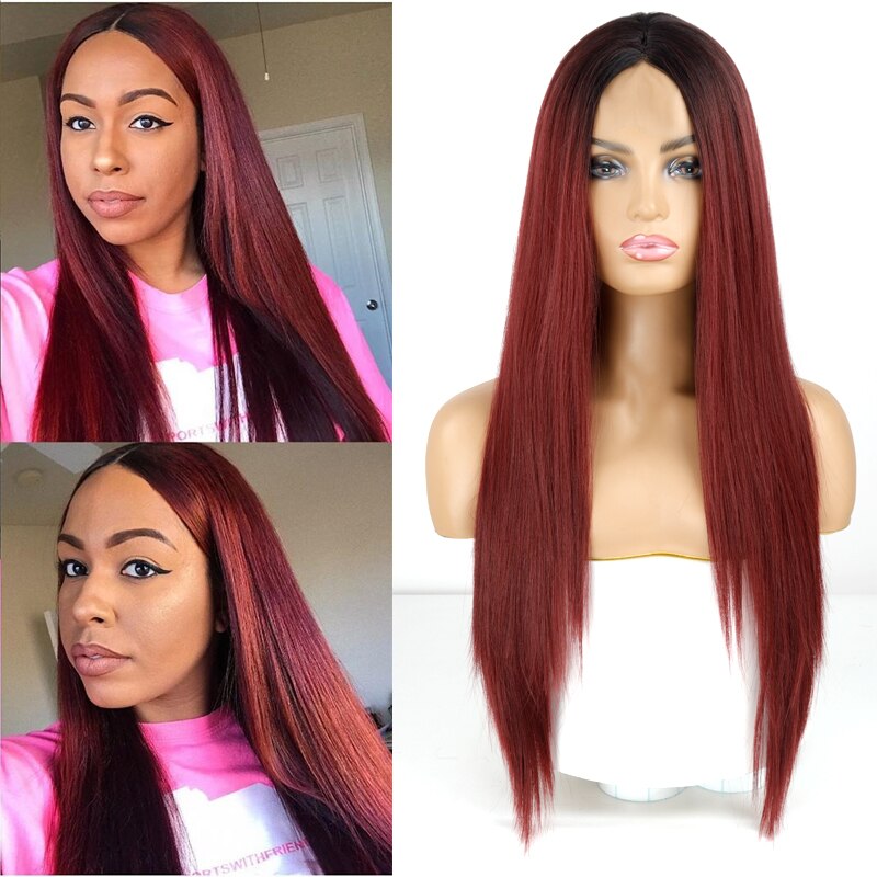 LISI GIRL longue ligne droite perruque noire perruques synthétiques pour les femmes partie moyenne naturelle perruque de dentelle fibre résistante à la chaleur perruque d'apparence naturelle: n ° 4