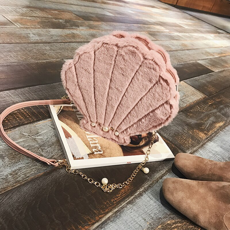 Shell Shape Faux Fur Pearl Ketting Dames Schoudertas Handtas Casual Purse Vrouwen Crossbody Mini Messenger Bag 4 kleuren