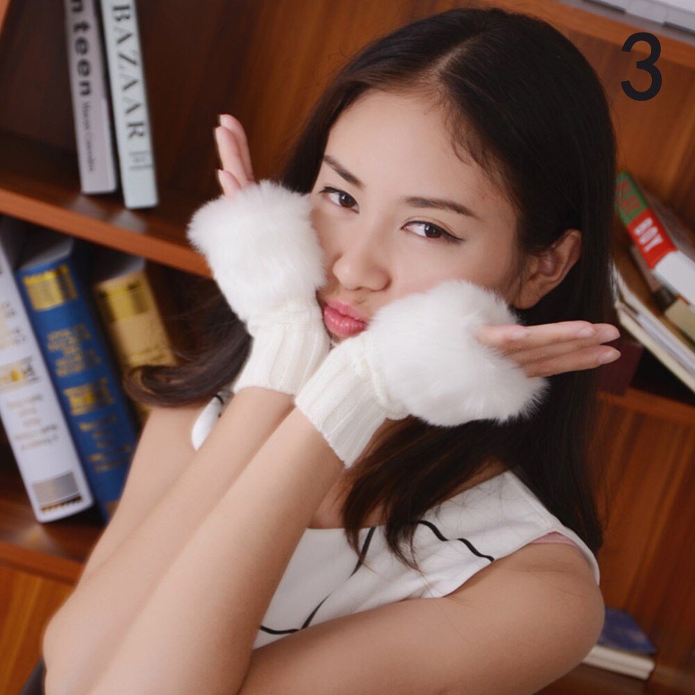 Gants d&#39;hiver en fausse fourrure de lapin pour femme, couleur unie, couvre les manches, plus , sans doigts, tricoté, mitaine, à la: 3