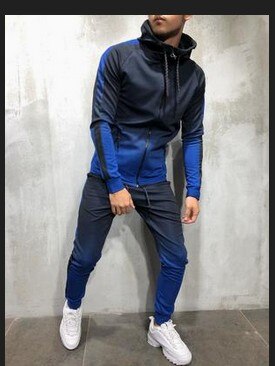 Moda uomo dolcevita cambio graduale colore tuta Set felpa con cappuccio Top + pantaloni a vita alta pantaloni da jogging palestra tasche con Zip tinta unita vestibilità Slim: Blue / XL