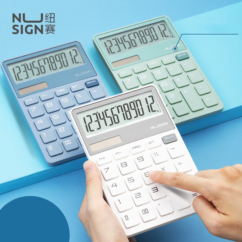 Nusige – calculatrice solaire pour bureau, affichage à 12 chiffres, double alimentation, écran large, bouton de , léger et fin
