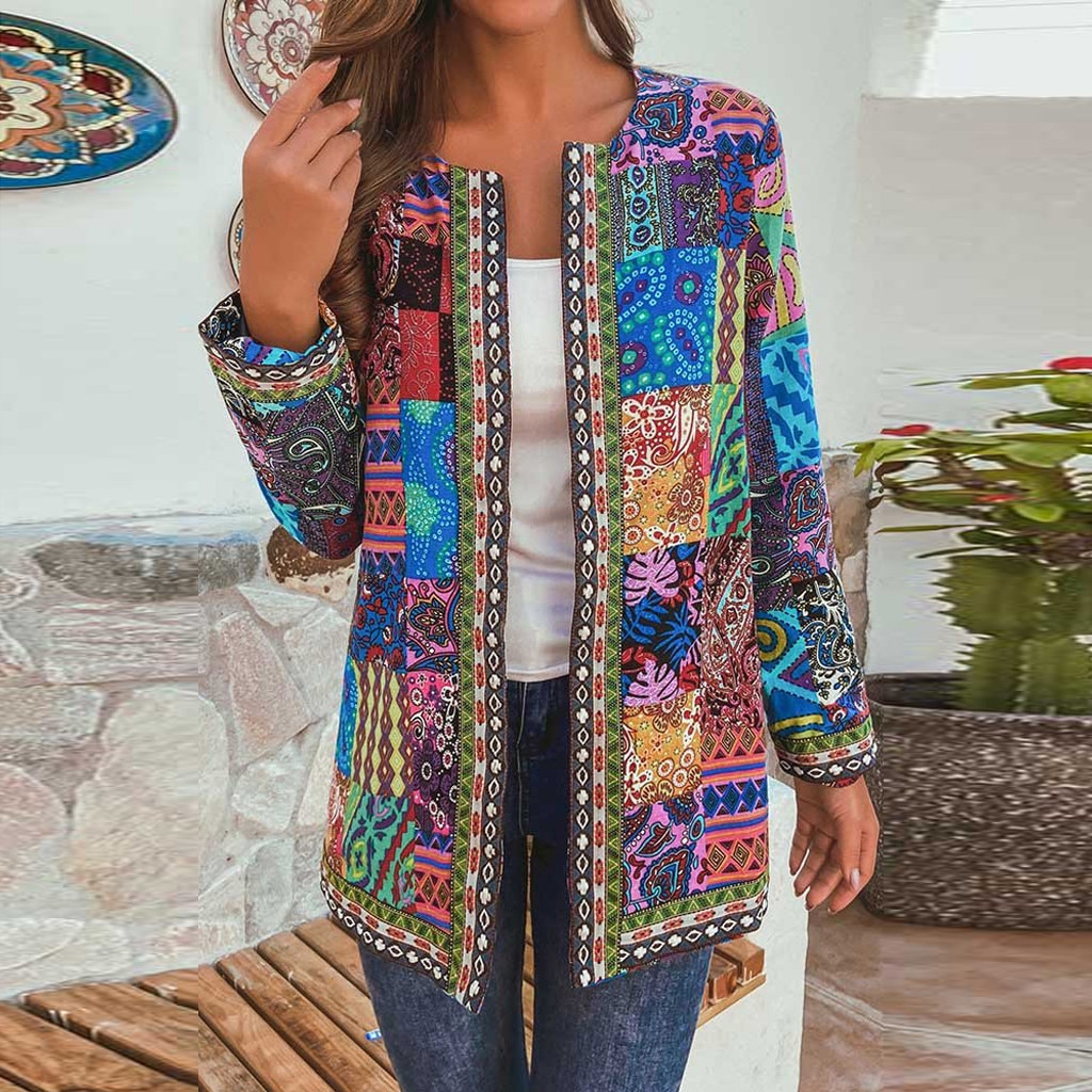 Herfst Vrouwen Vintage Etnische Stijl Bloemenprint Lange Mouwen Plus Size Katoenen Jas Jas Katoenen Jas Losse Jas Vrouw Jas: Purple / 6XL