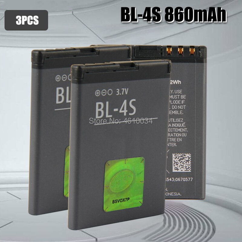 Batería de 4S BL BL-4S de , 860mAh, para Nokia 1006, 2680s, 3600s, 3602S, 6202C, 6208c, 7020, 7100s, 7610, X3-02, 3710f, BL4S: 3pcs