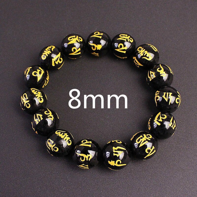 Feng Shui obsidienne perles Bracelet Six mots proverbes breloques femmes chanceux richesse Bracelet pour Couple bijoux à la: 8mm