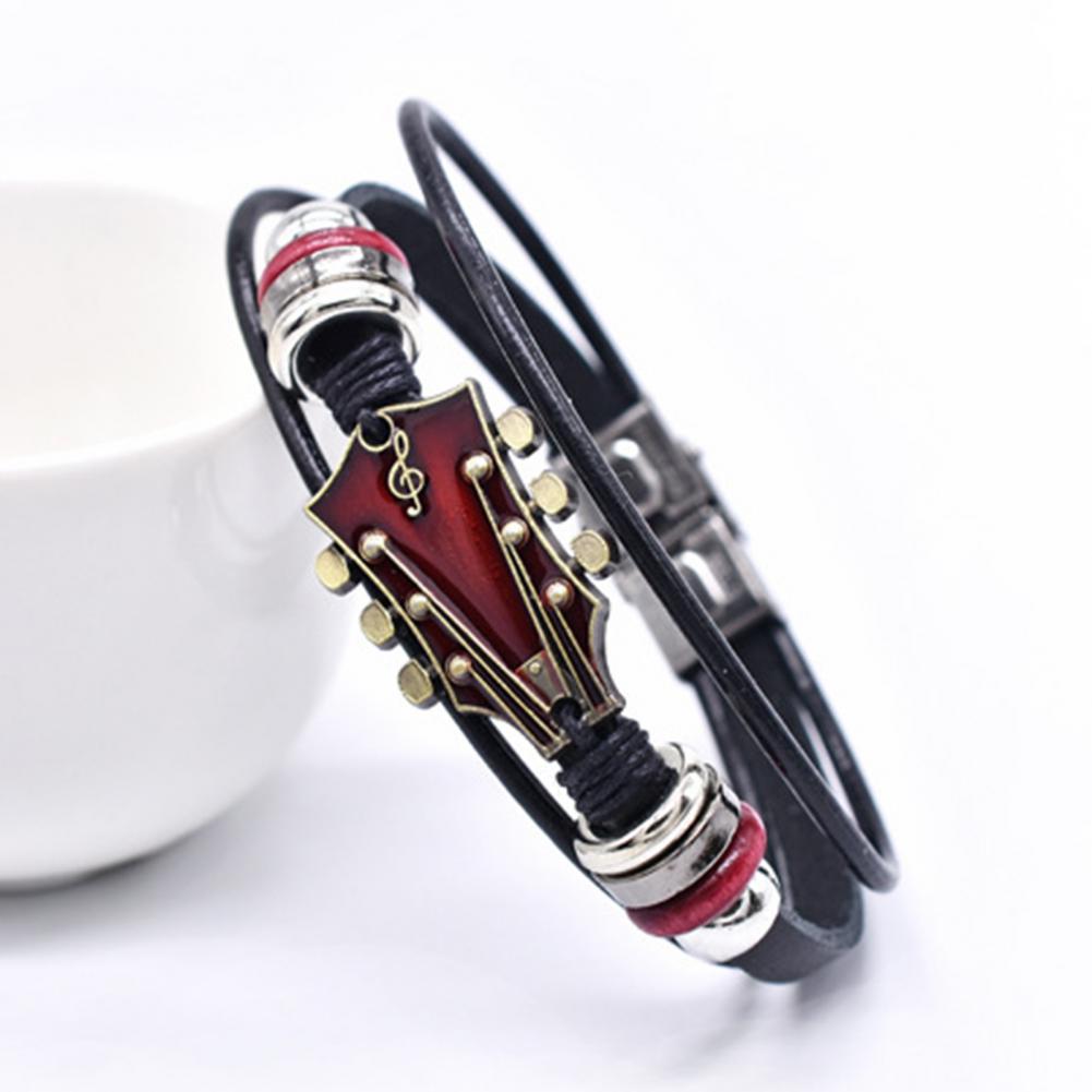 Braided Guitar Bracelet Faux Leather Zinc Alloy Adjustable Buckle Manual Woven 3-layered Retro Punk Wrist Jewelry
