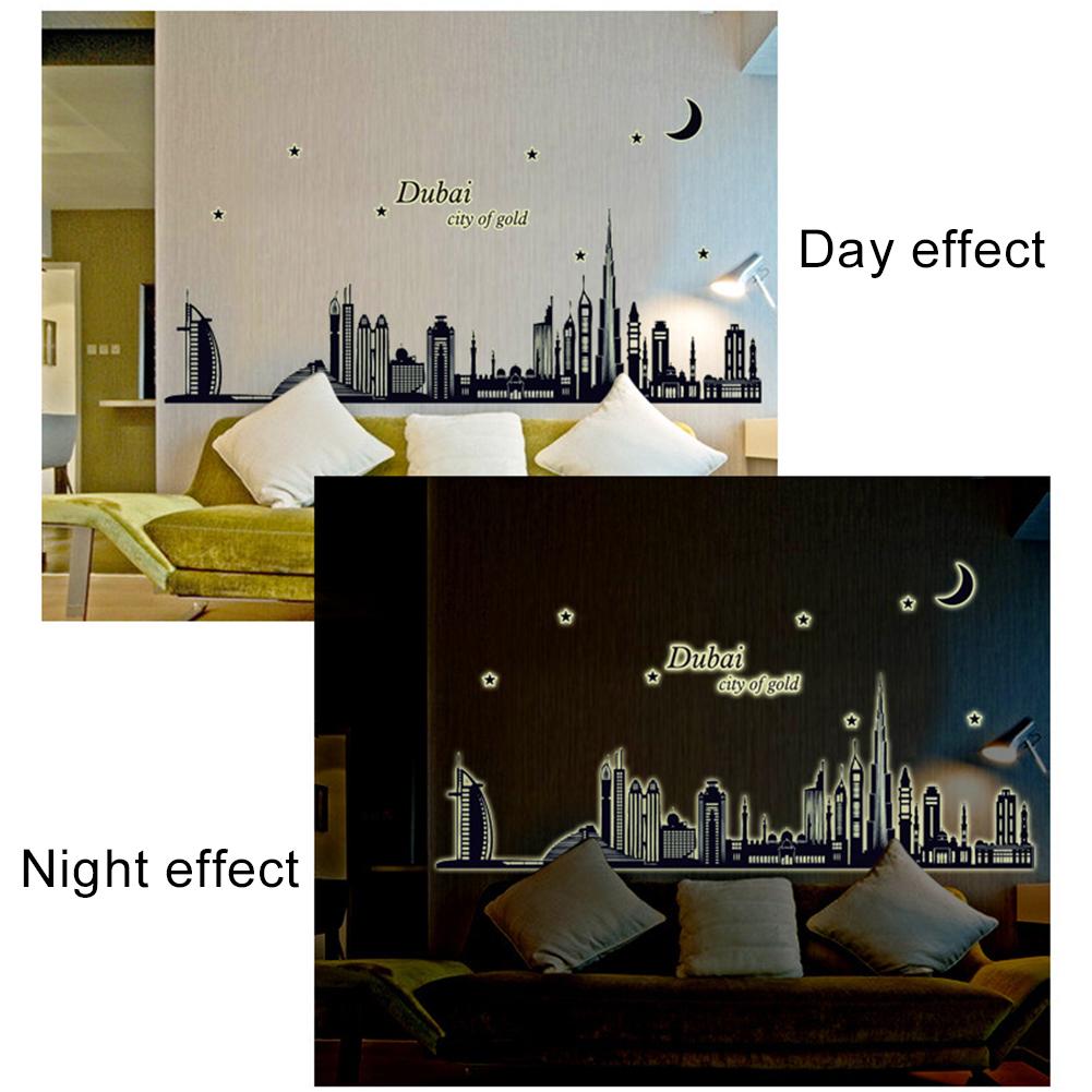 1PC PVC Waterproof Dubai City Removable Mural Fluorescence Wall Sticker Living Room Background Decal Home Decoration Posters