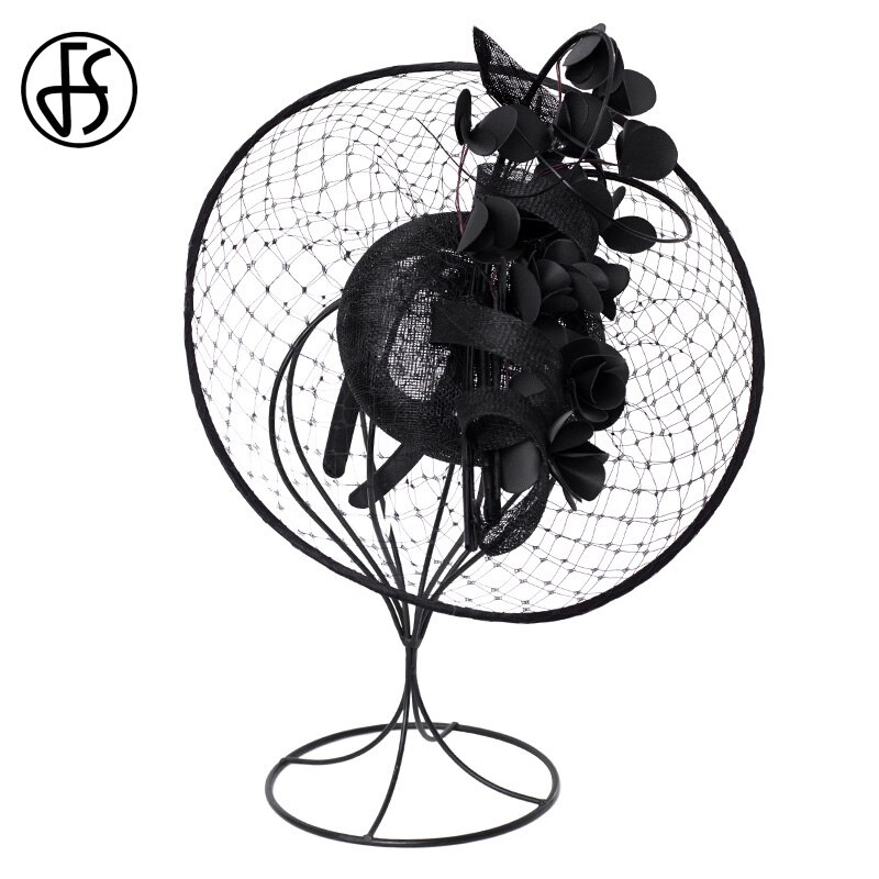 FS Womens Fascinators Red Derby Hat Flower For Lady Sinamay Church Hats Big Brim Fedoras Black Wedding Party Dress Hat: Black Fascinators