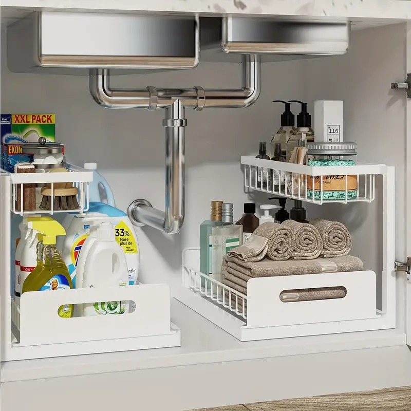 Organizadores y almacenamiento debajo del fregadero de 2 niveles con cajón deslizante, estante de baño multiusos, organizador para almacenamiento de cocina y baño: Gris claro