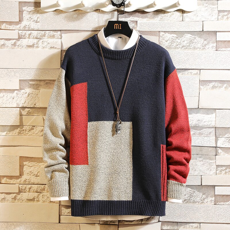 Sweaters Patchwork Men'S Long Sleeves Autumn Winter Pullover Knitted O-Neck Plus OverSized 5XL: Z863 3 / XXL FOR 180 CM 80KG