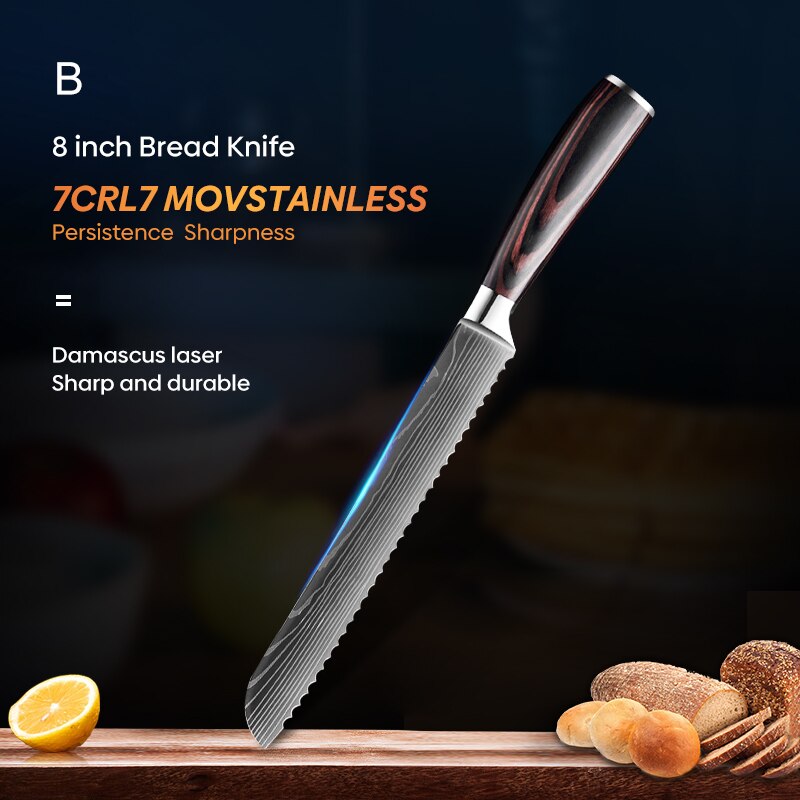 Cuchillo de cocina Chef 8 pulgadas Cuchillos de acero inoxidable Pan Sushi Carne Santoku Japonés 7CR17 440C Cuchillo de cocina de alto carbono: B