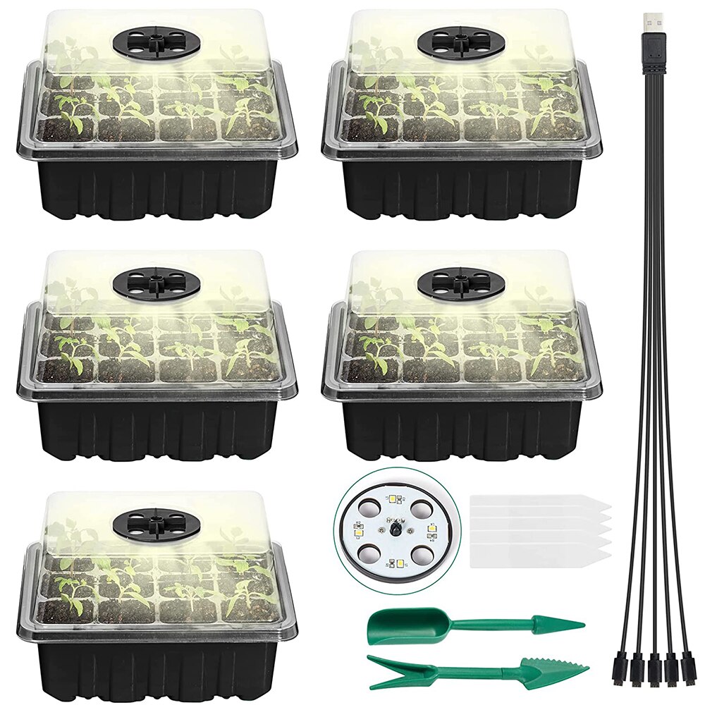 Kit de bandeja de semillero de 60 celdas, bandejas de inicio de semillas con luz de crecimiento y humedad ajustable, bandejas de vivero de semillas, Kit de cultivo, 5 paquetes: 5 Pack Black