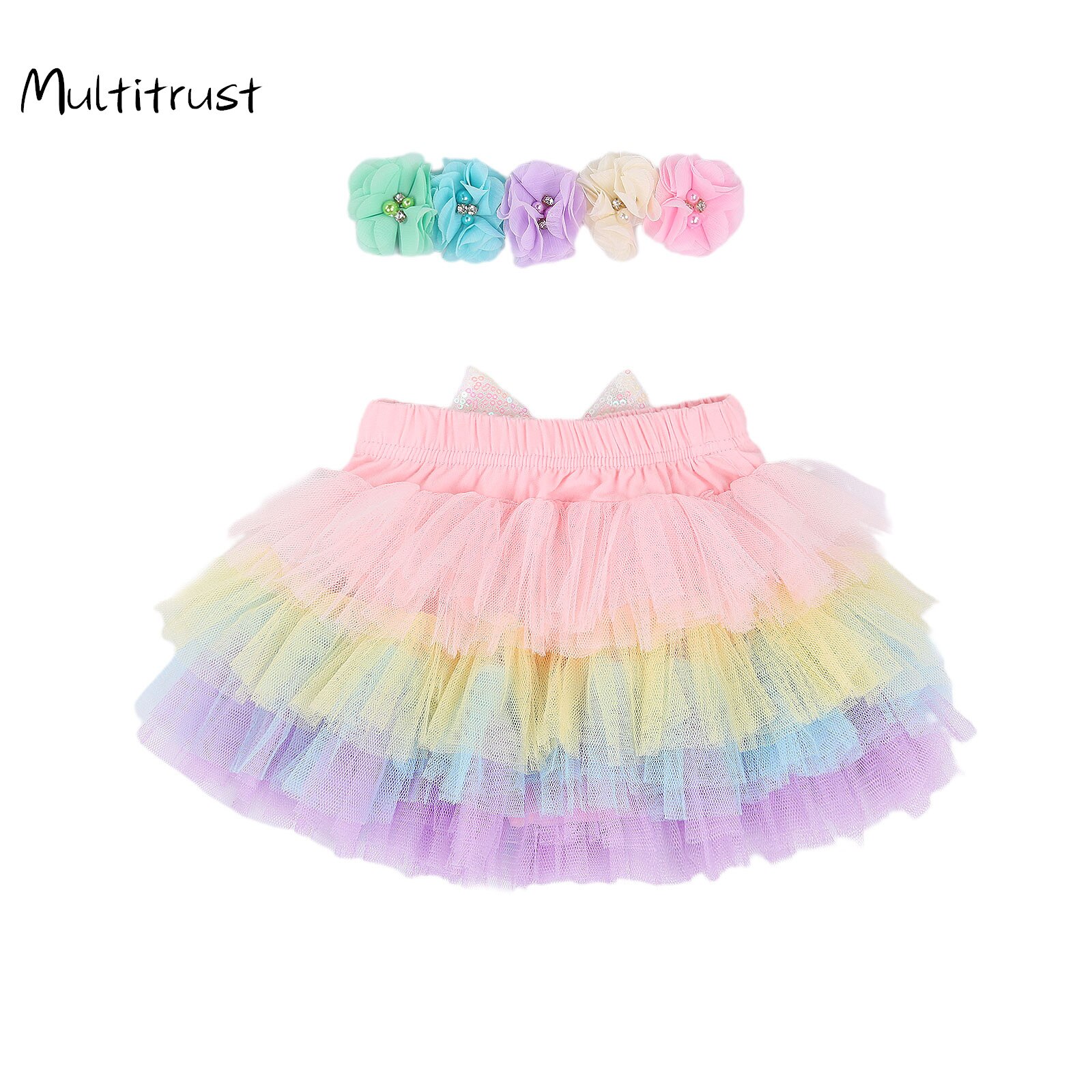 Rainbow Skirt Girls Kids Girls Clothing Fluffy Skirts Baby Princess Children Ball Gown Colorful Mini Pettiskirt+Flower Headband