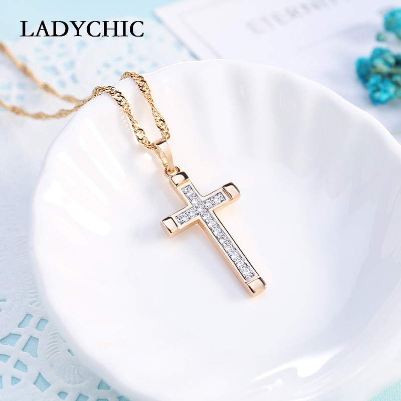 Ladychic Goud Kleur Crystal Cross Hanger Kettingen Voor Vrouwen Mode Lange Ketting Zirkoon Sieraden Accessoires LN1062