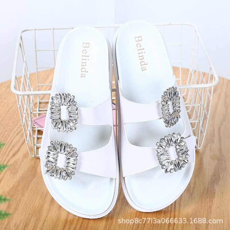 Koovan Women's Rhinestone Slippers Slanted Heel Platform Women Wear Summer Style Slippers PVC Sole: White / 40
