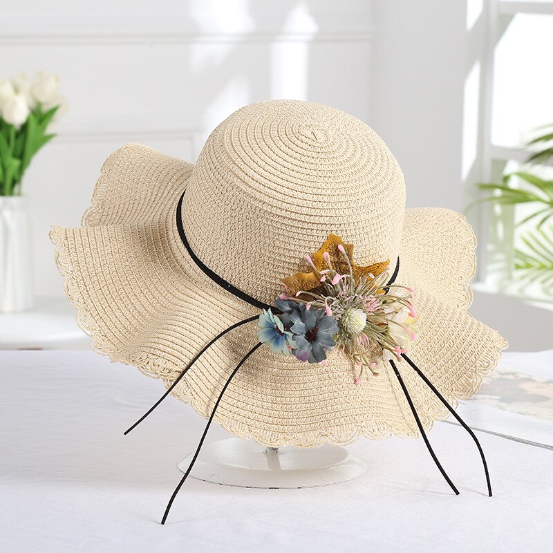 Oversized Flower Accent Pearl Link Band Wide Brim Straw Sun Hat main image 0