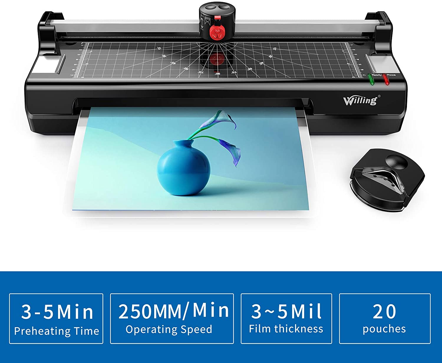 Thermal Laminator Machine, A4 laminator, 9 Inches, 2 Roller System, Quick Warm-Up, Includes Laminating Pouches, Paper Trimmer