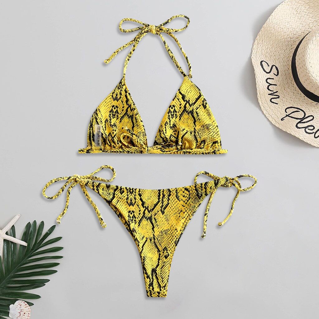 40 # femminile a vita alta costume da bagno bikini impostato pelle di serpente stampa appeso collo coulisse costumi da bagno costumi da bagno Купальник