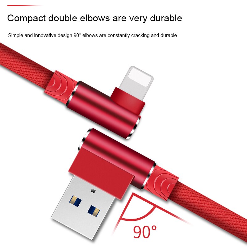 1m 2m 3m Fast USB Charger Cable For iPhone X XR Xs 11 Pro Max 6 6s 7 8 Plus 5s SE iPad Mobile Phone 90 Degree Charging Data Cord