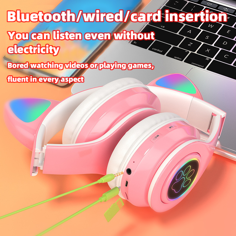 P91H, Śliczne kocie uszy BT Bezprzewodowe słuchawki Com Mic E Flash Light, Capacete De 1) Estéreo LED, Fone De Ouvido Dobrável, Pres