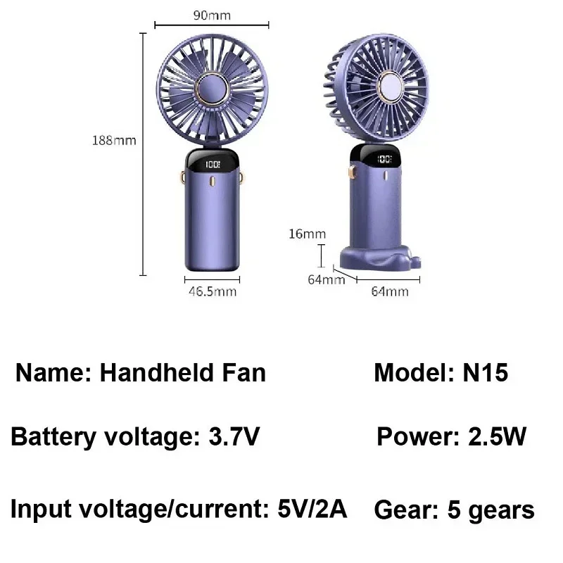 USB-Hand-Mini-Ventilator, faltbar, tragbar, zum Aufhängen bin Hals, 5-Gang-USB-wiederaufladbarer Ventilator mit Telefonständer und Bildschirm