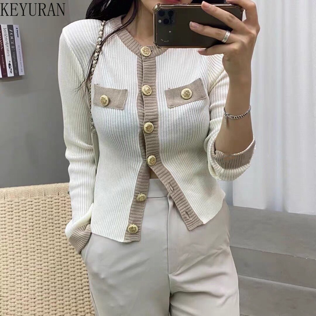Korean Chic Women Cardigan Sweater Spring Long Sleeve Short Coat Casual Single Breasted Slim Knitted Crop Top Ladies: white