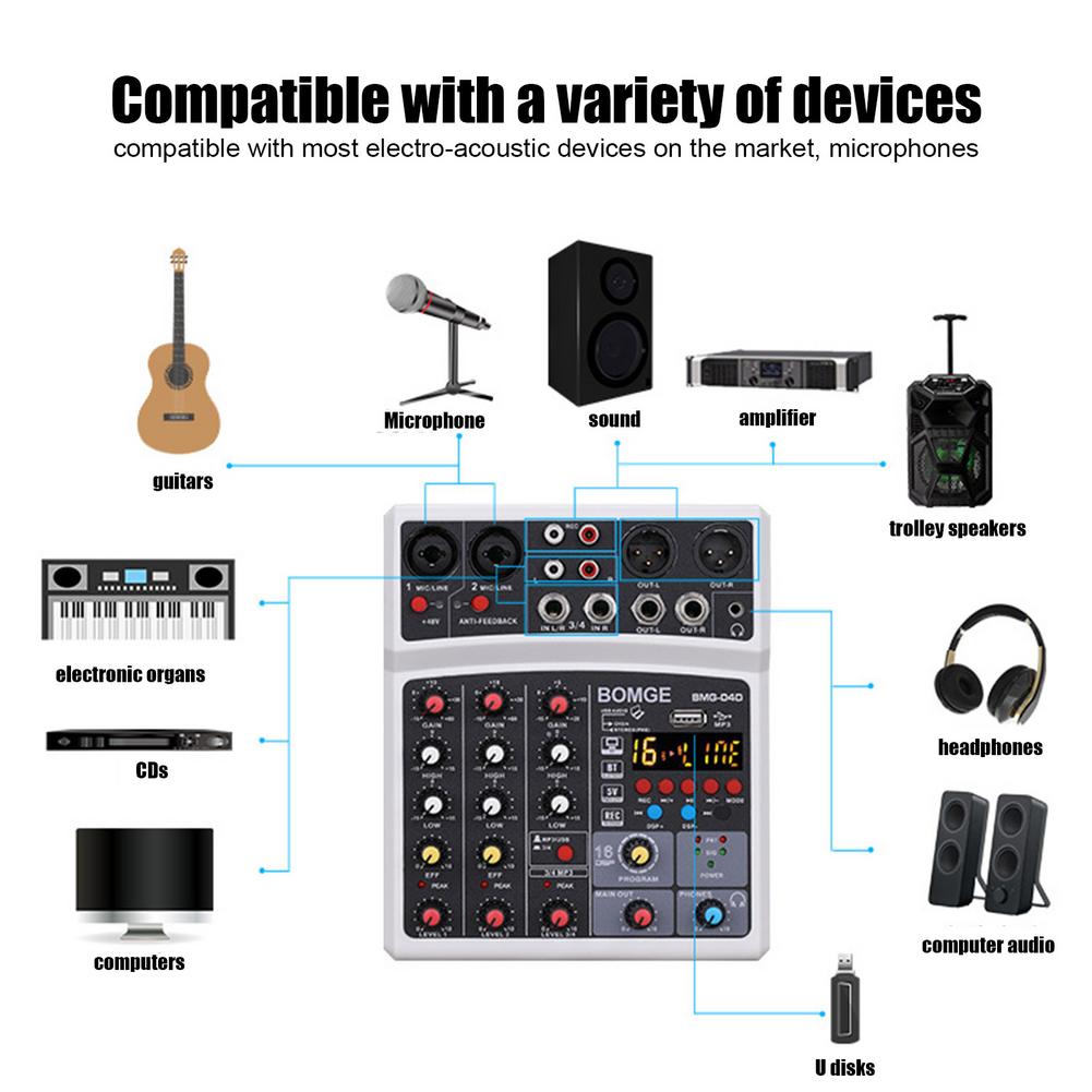 Wireless 4-channel Audio Mixer Portable Sound Mixing Console USB Interface MP3 Computer Input 48V Phantom Power Monitor For Home
