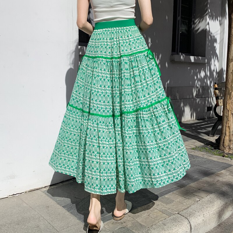 Faldas de estilo Retro para mujer, étnico, cintura alta elástica, Tencel, algodón, lino estampado, para vacaciones en la playa, verano,