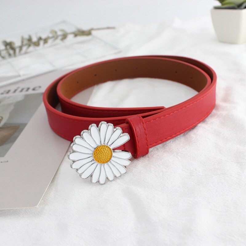 Lille daisy pu fint bælte kvinder linning koreansk stil studerende blomsterspænde personlighed glat spænde imiteret læder: Rød