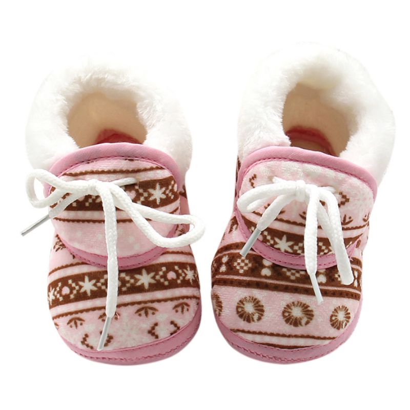 Søde babysko forår varm blød baby retro trykning sko bomuld polstret spædbarn baby drenge piger bløde støvler 6-12m: Lyserød
