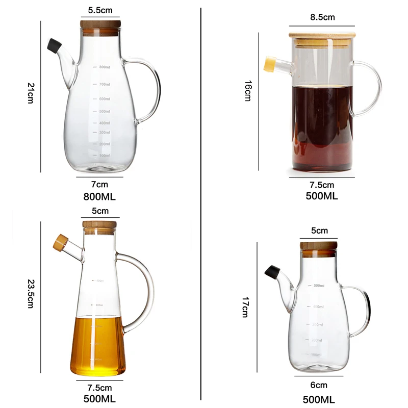 Transparent Glass Oil Bottle with lid Handle Scale Heat-resistant 500/800ml Soy Vinegar Sauce Environmental protection Container