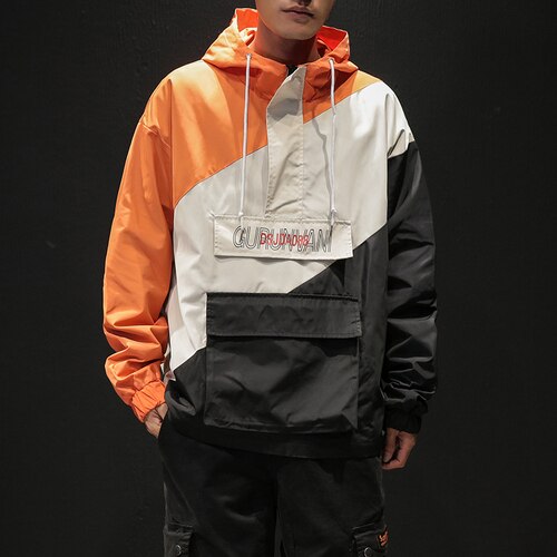 Sping jakker herre patchwork jakke hip hop plus size college student vindjakke herre hette jakke m -5xl: Oransje / 4xl
