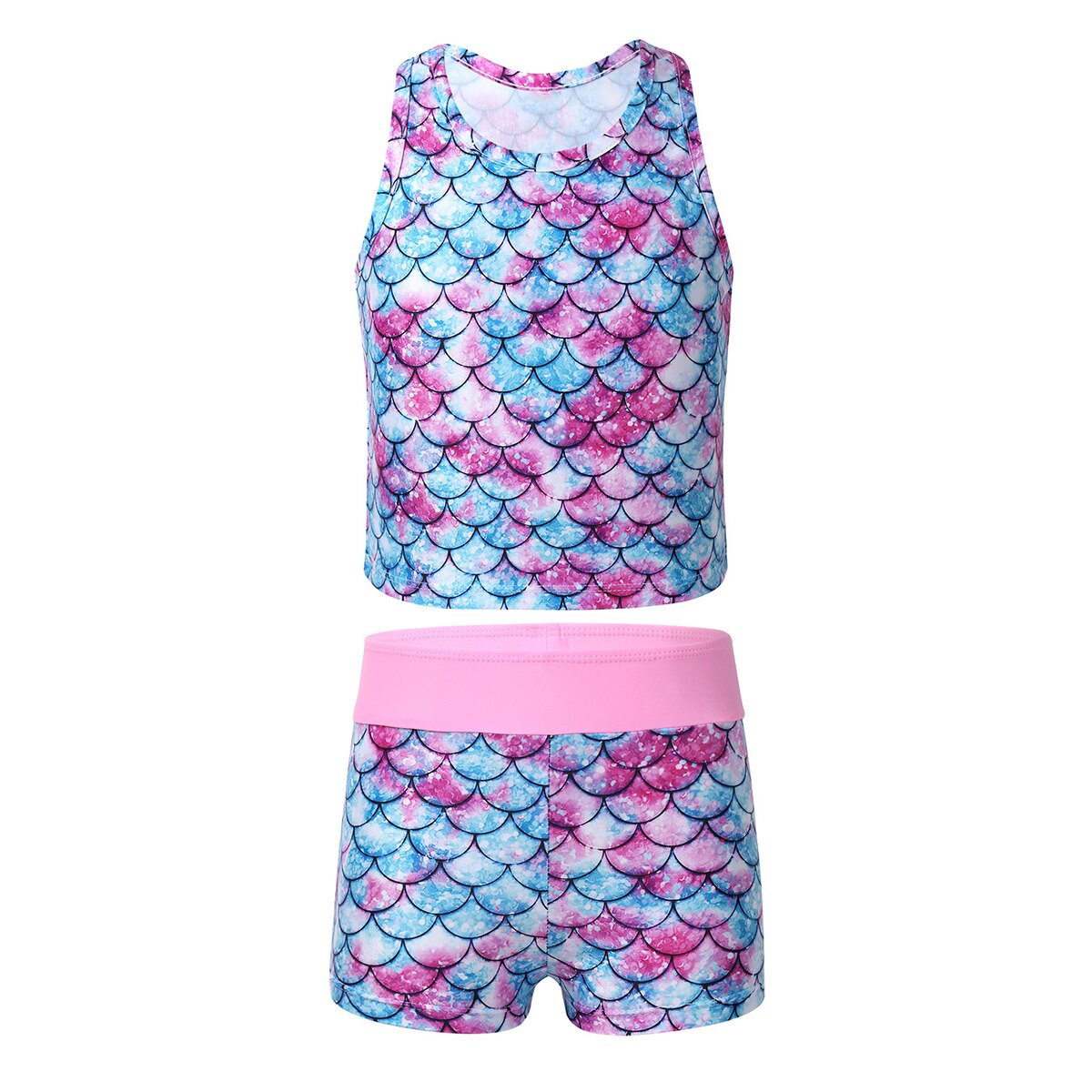 Kids Girls Tankini Swimsuits Sleeveless Racer Back Fish Scales Printed Swimwear Bathing Suit Set Swimsuit Tops with Swim Bottoms: Pink / 10