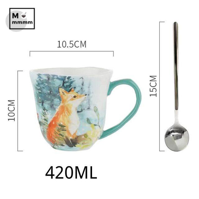 Keramik Becher Mit Untertassen Set Bts Tasse Original Frühstück Tassen Espresso Tasse Wald Tiere Tassen Kaffee Tassen Set Mit Dessert platte: L-420ML with spoon