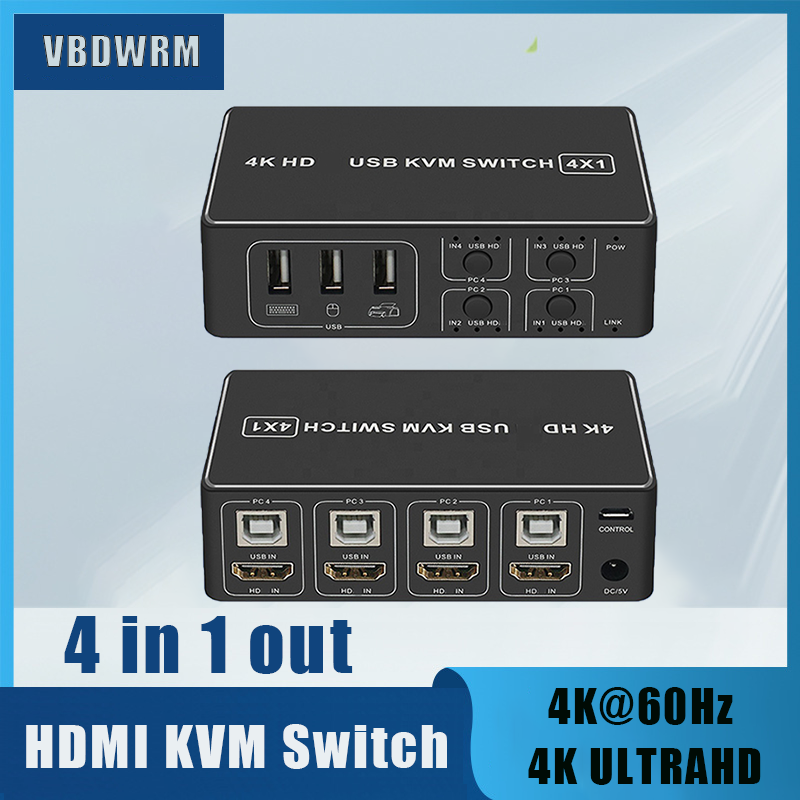 4K Hdmi-Compatibel Kvm Switch, 4 Poorten 4 In 1 Out Hdmi Kvm Switch Ondersteuning 4K @ 60Hz Voor Laptop Hdtv Monitor &amp; ubs Muis Toetsenbord