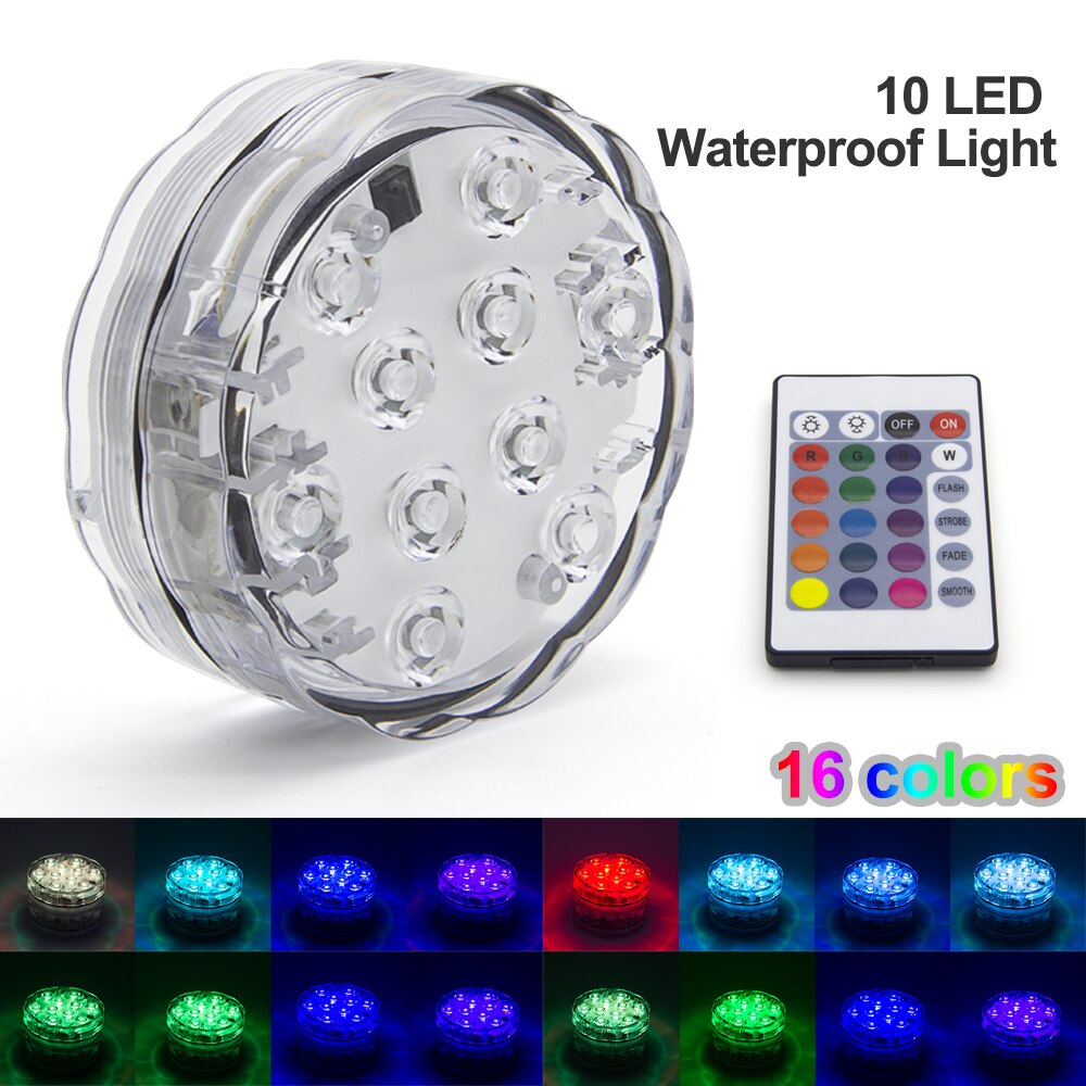 10 Led Waterproof RGB Battery Remote Controlled Submersible LED Underwater Light for Vase Aquarium and Outdoor Party Decoration