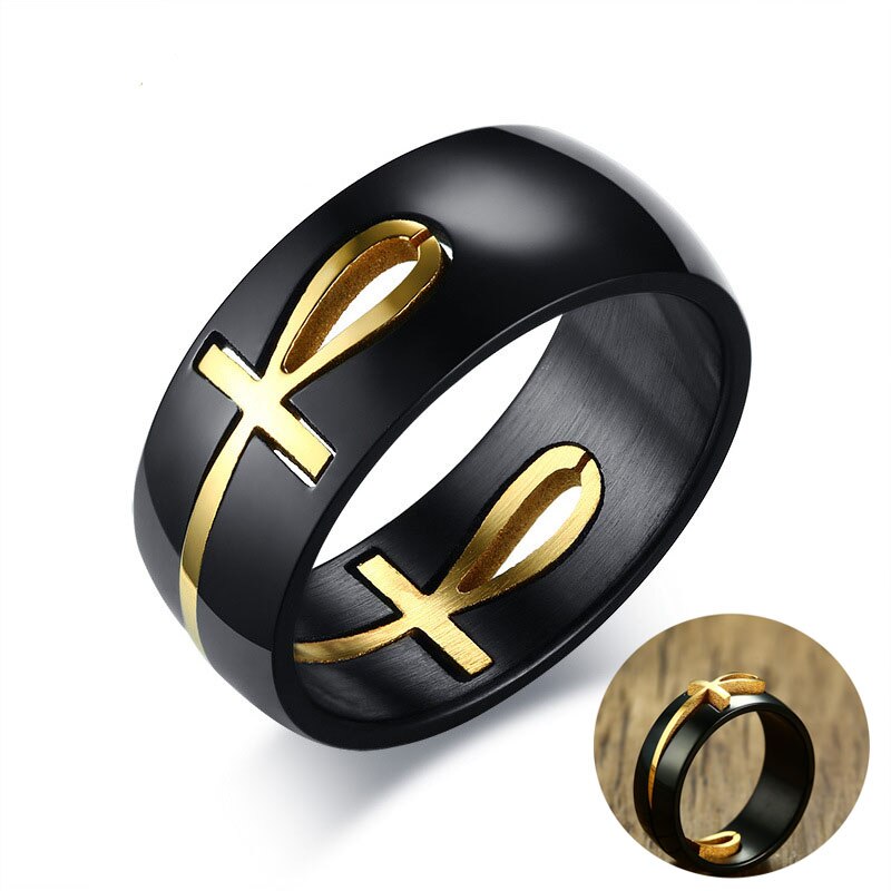 Mode Two Tone Uitgesneden Ankh Egyptische Kruis Ring Voor Mannen Roestvrij Staal Afneembare Allah Zwart Religieuze Band Mannelijke Sieraden