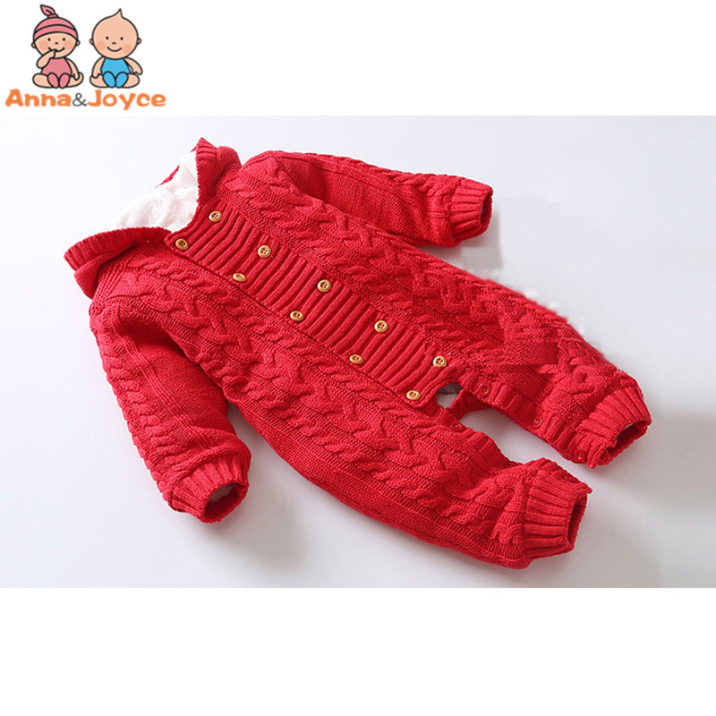 Tyk varm spædbarn nyfødt baby dreng pige strikket sweater jumpsuit hætteklædt barn toddler overtøj romper vintertøj: Rød / 6m