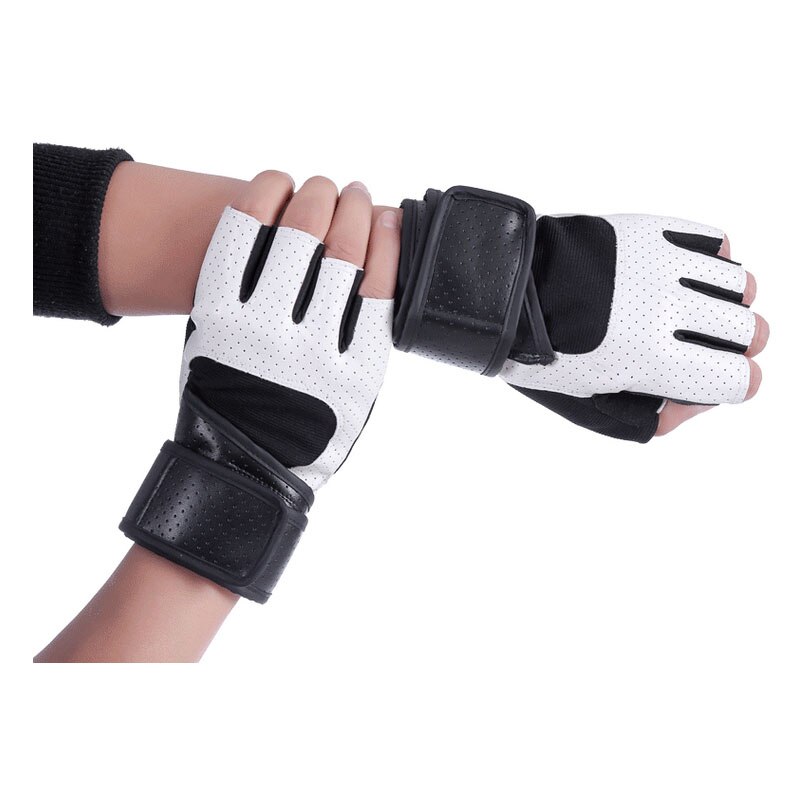 Guantes de cuero para levantamiento de pesas, de medio dedo, para entrenamiento, soporte de muñeca, transpirable, para gimnasio, deporte, Fitness