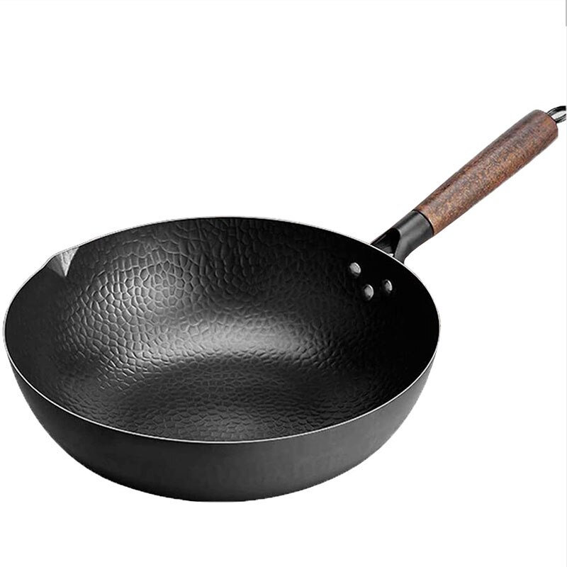 Jernwok traditionelle håndlavede jernwok non-stick pan ikke-belægning gaskomfur køkkengrej: Enkelt låg